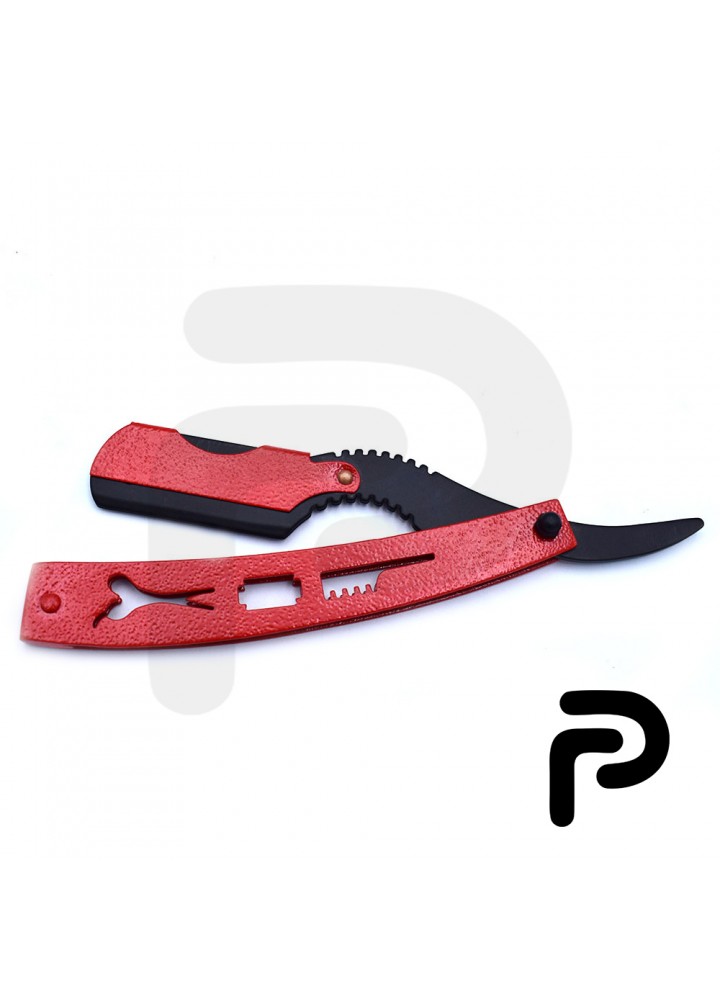 Red and black straight razor with packing